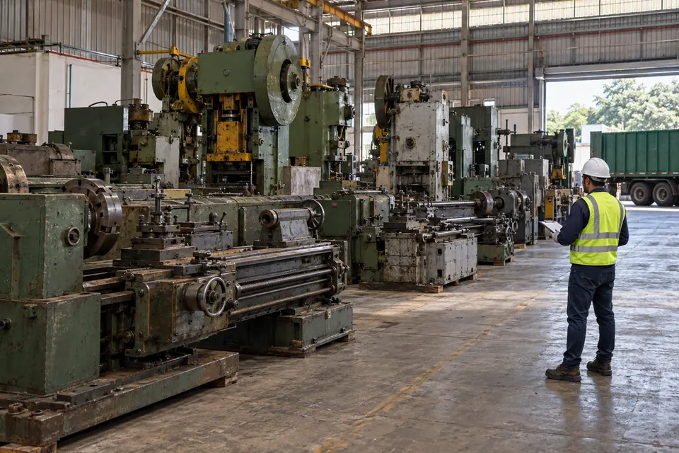 Máquinas industriais usadas aguardando retirada em galpão