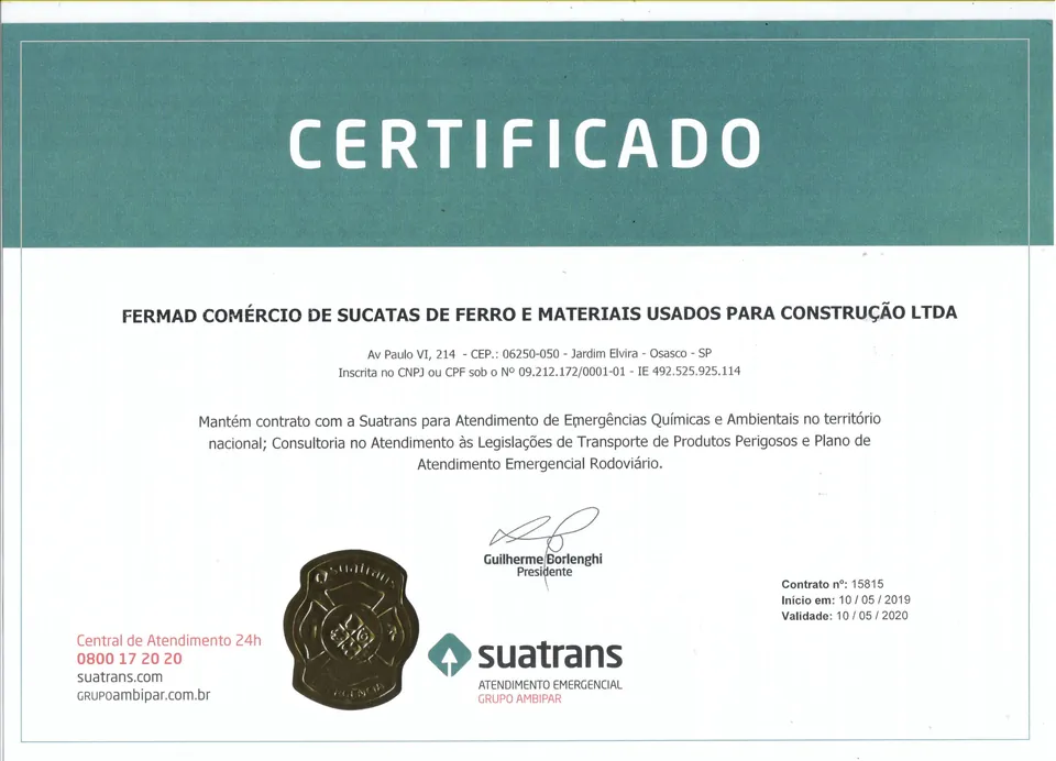 Certificado SUATRANS de atendimento a emergências da Fermad